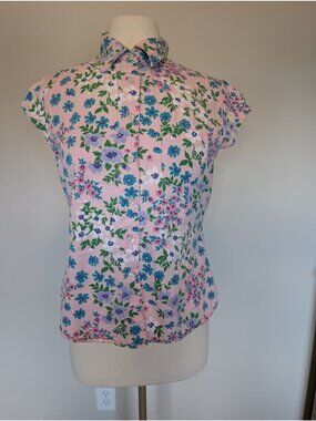 Vintage Gitano Floral Button-Up Blouse Floral Cap Sleeves Womens Size M